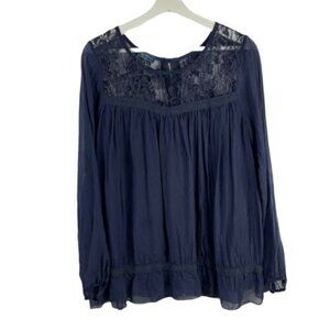GIULIA Women's Small Navy Blue 100% Silk Made in Italy Long Sleeve Blouse Lace